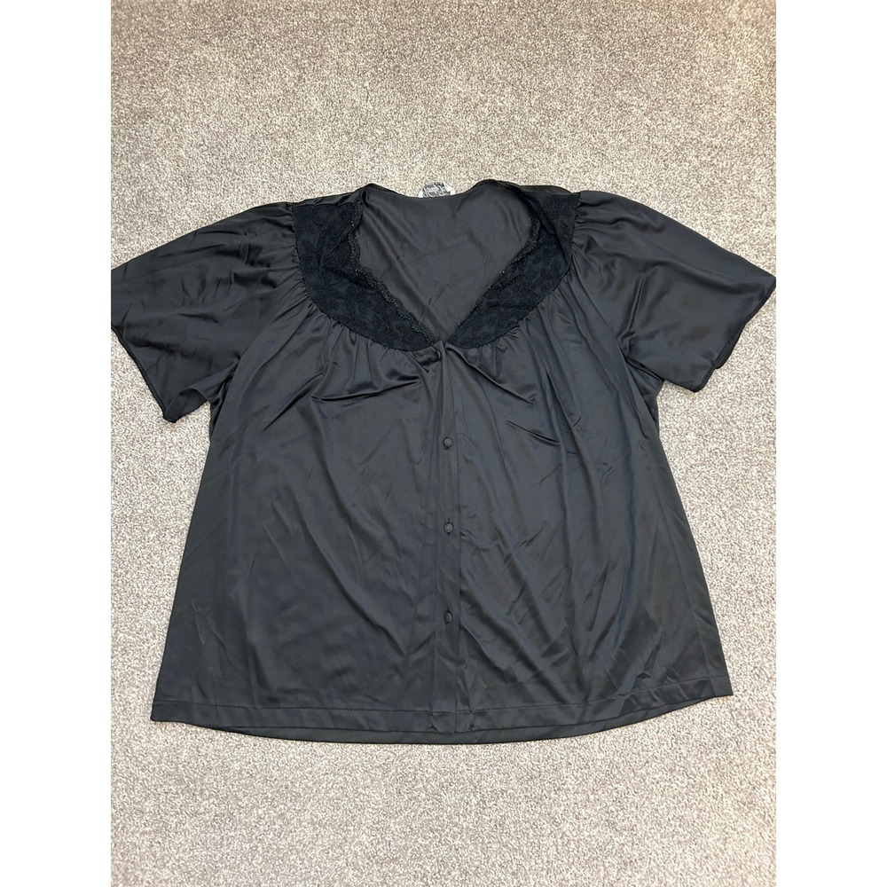 Vanity Fair Bed Jacket Women XL Black Excellent Vintage Lace Trim Short Sleeve